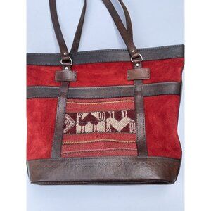 Bolivian VTG BOHO Red Suede Brown Leather‎ & Tapestry Zipper Tote Purse Bag